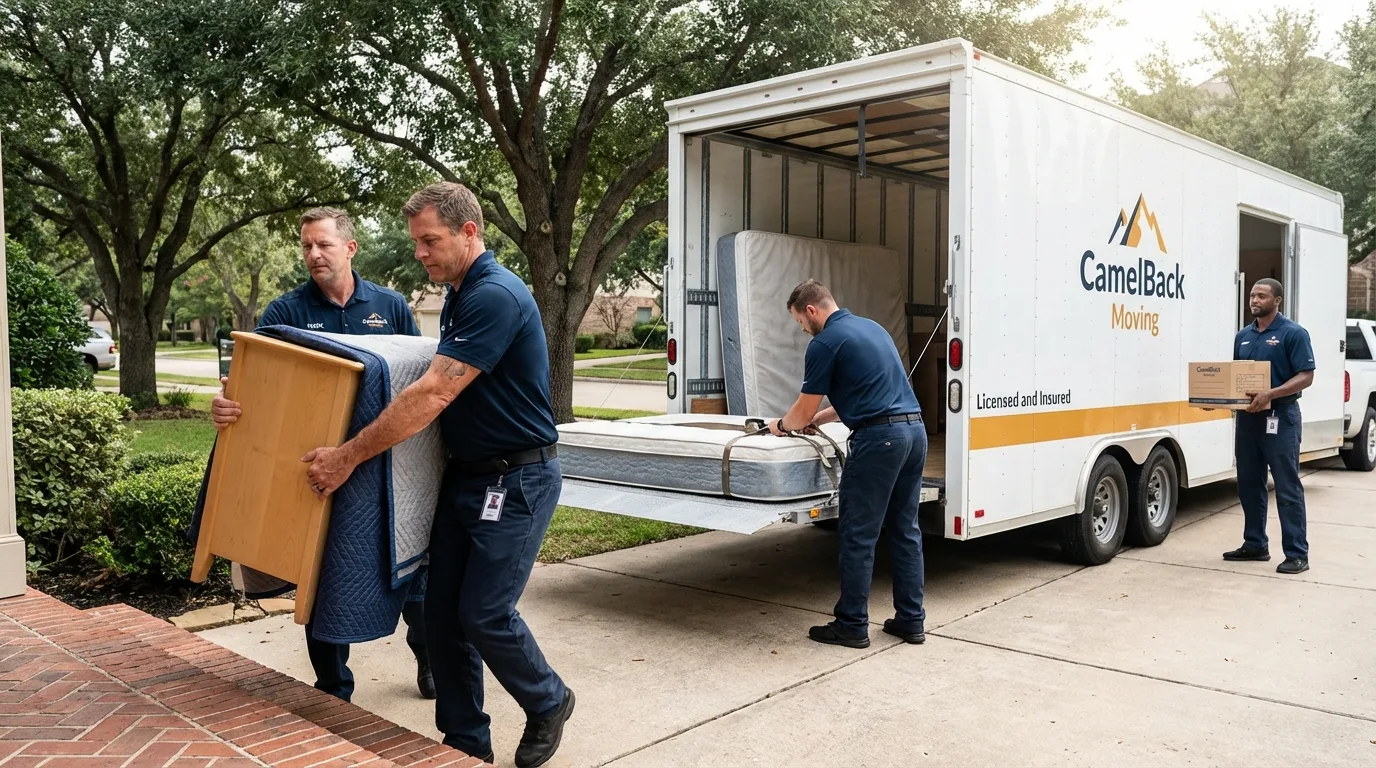 Crew loading residential truck for cross-state move from Ore City, TX