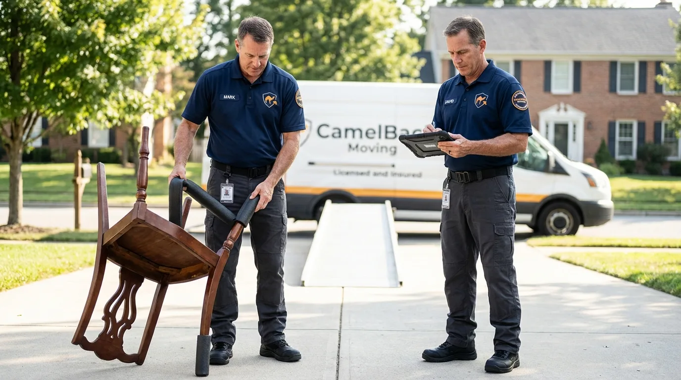 Movers inspecting furniture for damage prevention before loading in Ore City, TX